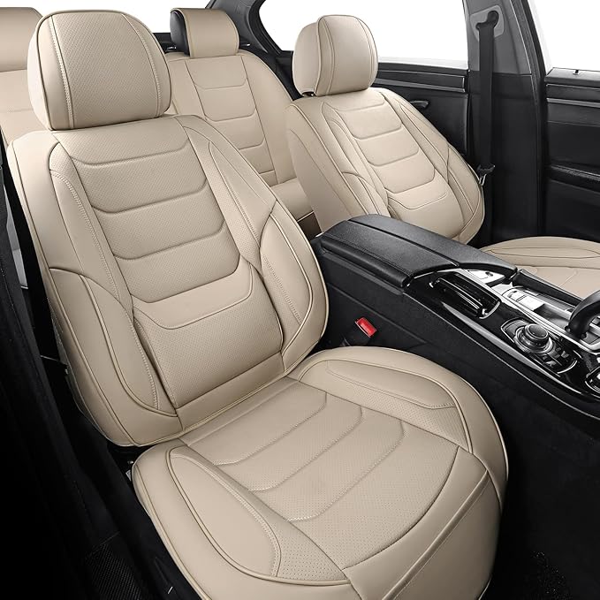hoozoom Leather Car Seat Covers Full Set Breathable Automotive Seat Covers Waterproof Seat Protectors Universal Fit for Most Automotive Cars SUV Trucks(Beige, Full Set)