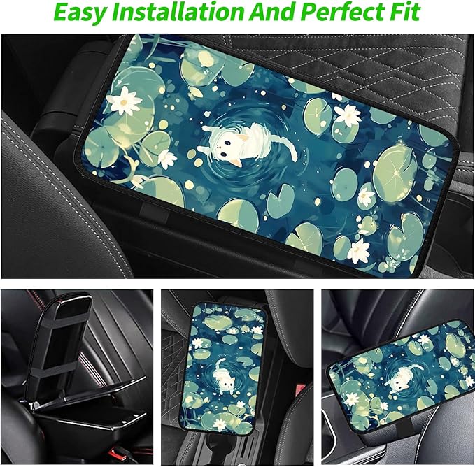 JANENFNA Car Armrest Cover Pads Universal Fashion Cute Auto Center Console Armrest Cover Pad with 2PCS Car Coasters Soft Waterproof Car Armrest Seat Protector for Women,White Cat in Water