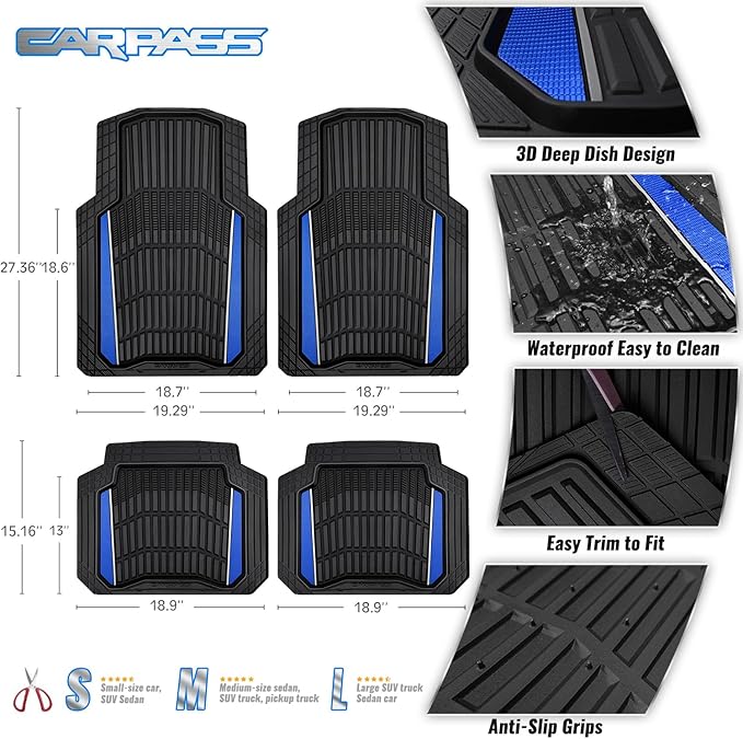 CAR PASS Heavy Duty Rubber Car Floor Mats, Deep Waterproof Car Floor Mats All Weather, Aluminum Film Floor Mats for Cars Non-Slip Universal Trim to Fit for SUVs Trucks Sedans Vans, Black Blue Metallic