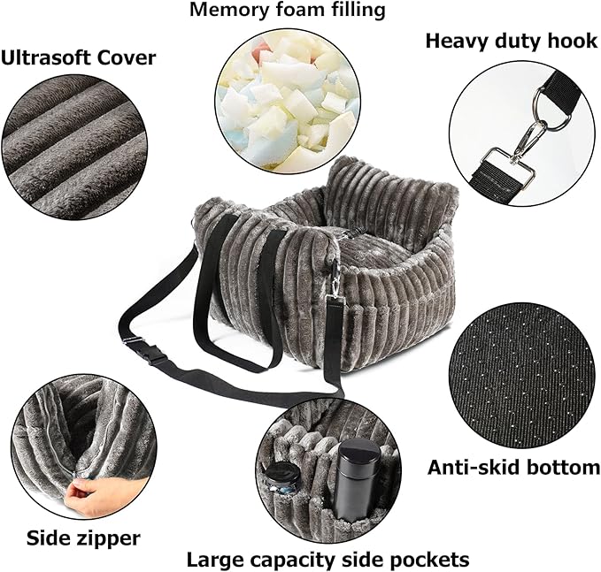 HOMLOVE Dog Car Booster Seat, for Small Dogs Under 30 lbs, Detachable Washable Travel Bed with Storage Pockets and Safety Belt (Coffee, Medium)