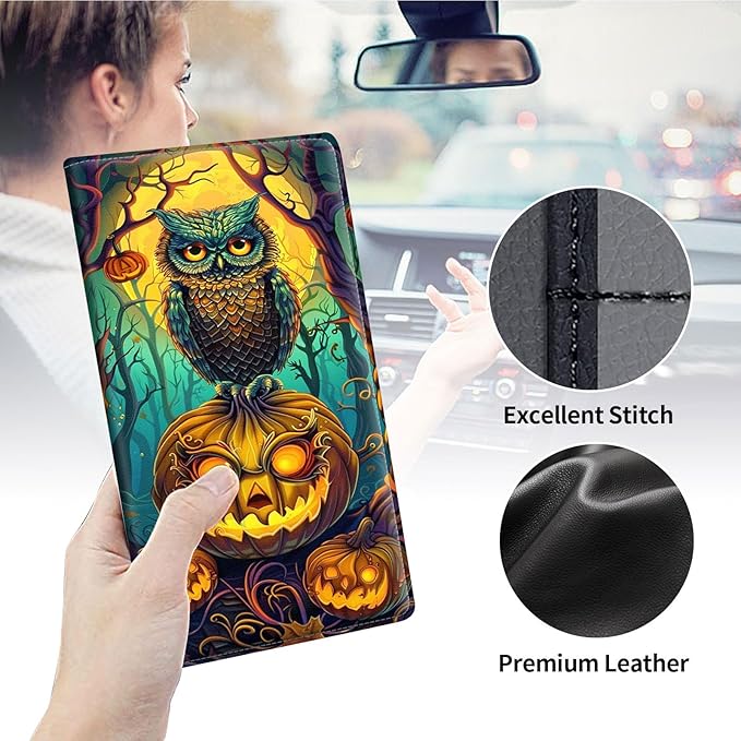 Qindaiwen Car Registration and Insurance Holder, Vehicle Card Document Elastic Band Closure Glove Box Organizer, Driver License Cards, Car Accessories for Essential Info, Owl Pumpkin