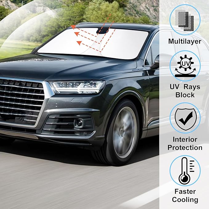 Windshield Sun Shade Custom Fit for 2016-2024 2025 Audi Q7 SUV Accessories Foldable Sunshade Sun Blocker Protect Car from Sun Rays & Heat Damage Keep Car Cooler