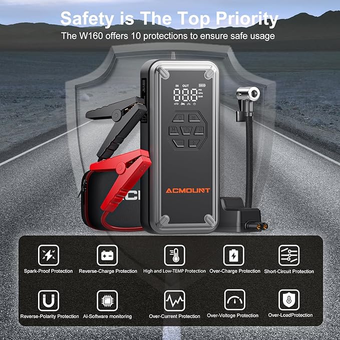 Acmount W160 Jump Starter with Air Compressor 5000A Car Battery Jump Starter 150PSI Tire Inflator/Air Pump, 12V Portable Jump Pack (Up to 9L Gas/8L Diesel Engine), Emergency Car Kit, Idea Gift for Man