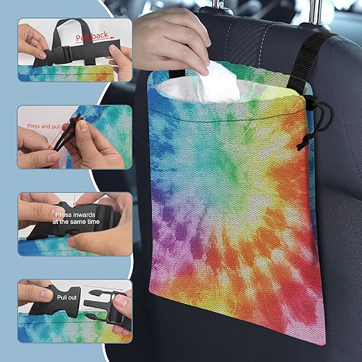 Retro Rainbow Swirl Car Garbage Bag,Small Car Trash Bag Hanging Back of Seat,Drawstring Car Trash Bag with Adjustable Buckle,Car Accessories for Camping Travelling