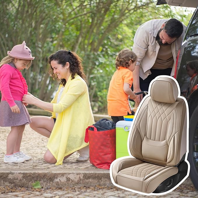 GEZHOUBA Car Seat Covers Front Seats Beige, Luxury Leather Automotive Seat Covers with Lumbar Support, Waterproof Car Seat Protector Universal Fit for Most Cars Trucks Pick-ups SUVs