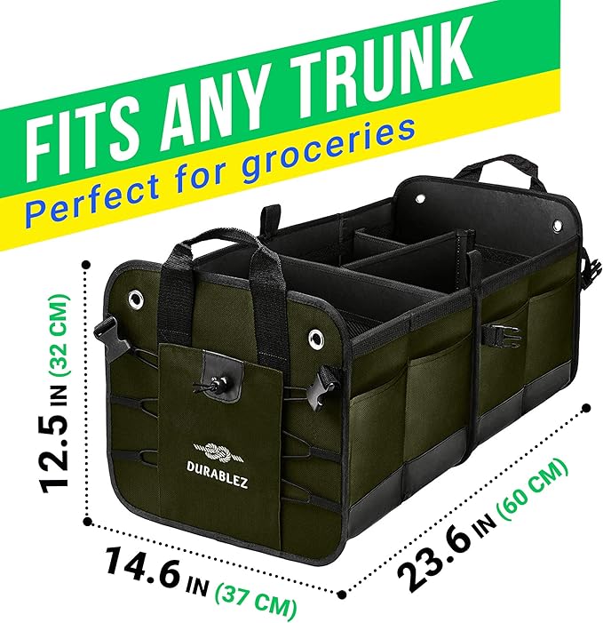 DURABLEZ Heavy Duty Foldable Trunk Organizer 2-Section – Dual-Compartment Car Cargo Box with Non-Slip Pads & Removable Dividers – Green