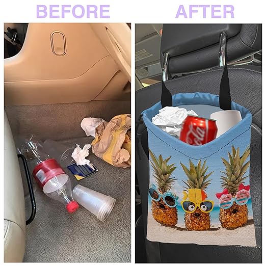 UUCBTAH Car Trash Bag Hanging Funny Pineapple on The Beach Car Trash Can for Back Seat Waterproof Car Garbage Can with Adjustable Straps and Drawstring for Car Accessories Vehicle Travelling Camping
