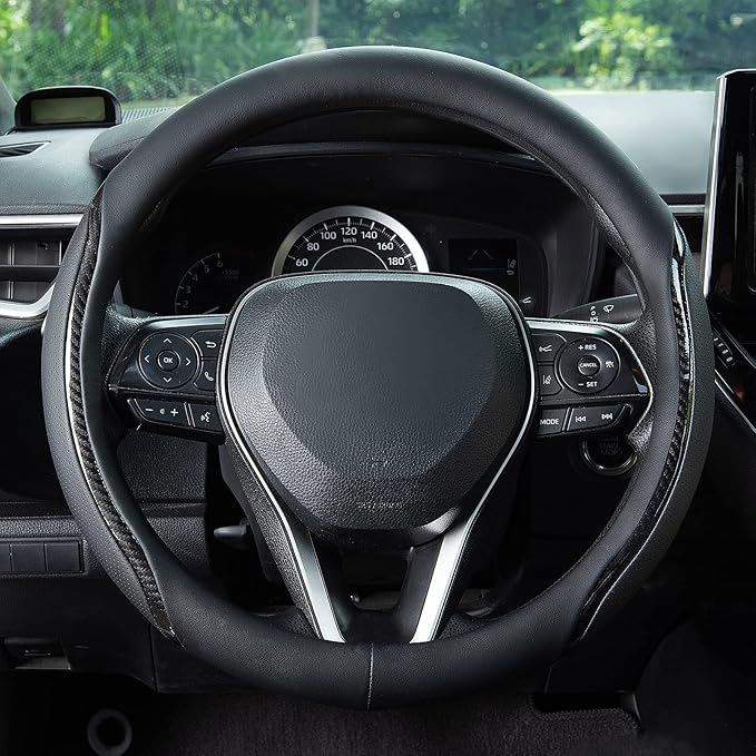 Muamos Car Steering Wheel Cover Black, 14-14.5 inch Steering Wheel Covers with Coasters Microfiber Leather Carbon Fiber Breathable Anti-Slip Durable Universal Auto Steering Wheel Protective