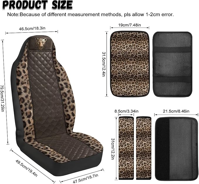 Psesaysky 5 Pcs Car Interior Set Leopard Cheetah Print Auto Front Seat Cover Soft Seatbelt Covers Center Console Armrest Pad Universal Car Accessories Fit Car SUV Auto Truck