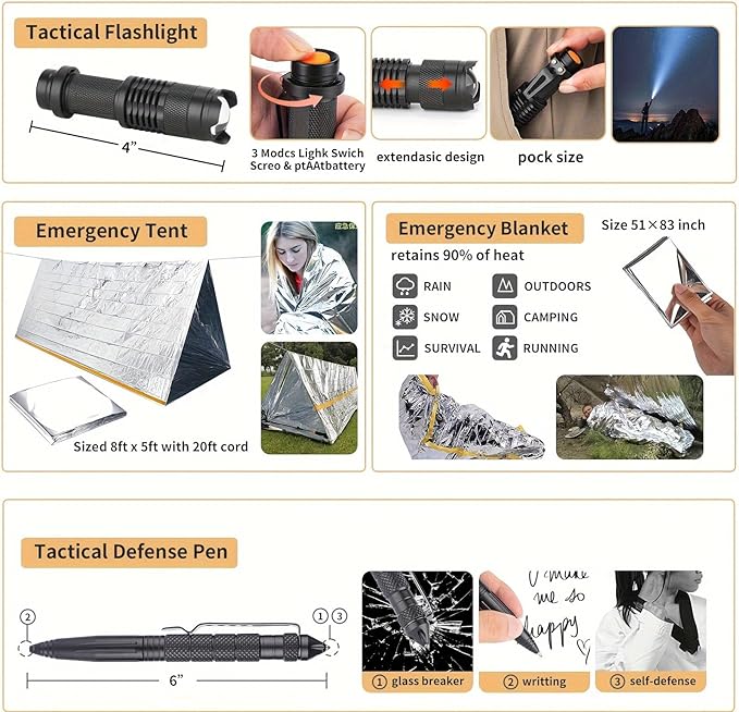 Survival Kit, 252Pcs Survival Gear First Aid Kit with Molle System Compatible Bag and Emergency Tent, Emergency Kit for Earthquake, Outdoor Adventure, Hiking, Hunting, Gifts for Men Women (Red)