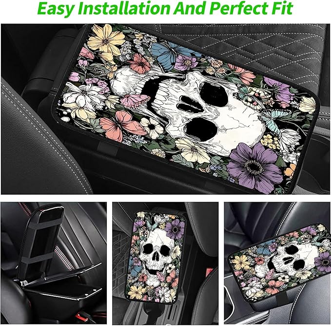 JANENFNA Car Armrest Cover Pads Universal Fashion Cute Auto Center Console Armrest Cover Pad with 2PCS Car Coasters Soft Waterproof Car Armrest Seat Protector for Women,Flower Bush Skull
