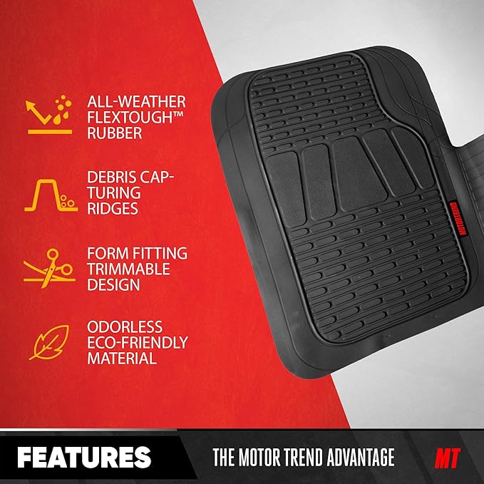 BDK Motor Trend WingRunner Heavy Duty Rubber Rear Floor Mat Liner, Trim-to-Fit Back Row Non-Slip All Weather Interior Protection Universal Fit Trucks Cars Sedans SUVs, Fits 2nd or 3rd Row - Black