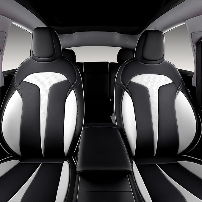 OURPLOT Custom Fit Seat Covers for 2025 2026 Tesla Model Y Juniper (5-Seater), Waterproof Breathable Nappa Leather, OEM Factory Style Full Set Car Seat Protectors Airbag Compatible - Black+White