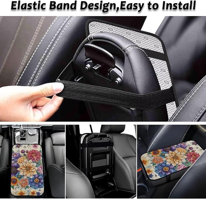 Bulopur Colorful Flowers Car Center Console Cushion Pad Flannel Center Console Cover Easy to Install Car Decor Accessories Auto Universal Car Interior Accessories Car Arm Rest Cover