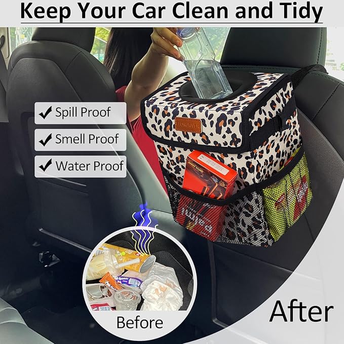 ELONGRIVER Car Trash Can Bin for Back Seat Leak Proof, Cute Car Trash Bag Hanging, Vehicle Trash Can for SUV Truck Van, Automotive Garbage Cans Front Seat Leopard Print