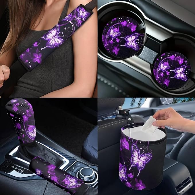 Dngkaoje Purple Butterfly Car Seat Cover Set Cute Butterflies Automotive Interior Accessories Full Set 13 Pcs Galaxy Butterfly Garbage Cans Organizer,Universal Steering Wheel Cover Armrest Pad