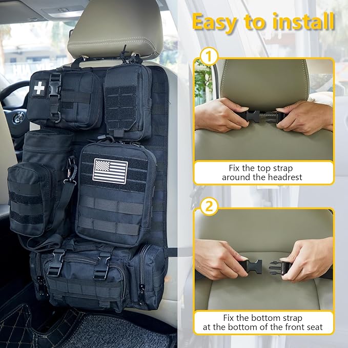 Universal Tactical Car Seat Back Organizer Bag Tactical Molle Vehicle Organizers Panel Gear Accessories with 5 Different Size Molle Pouches for Car Truck Ford Jeep Vehicle (C style-Black)