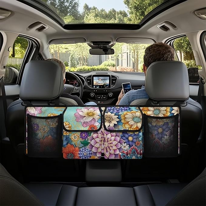 Dreaweet Boho Floral Print Car Trunk Organizer for Sedan Collapsible Hanging Car Storage Organizer Accessories Interior for Women Large Capacity 4 Pockets Car Organizer for SUV Trucks Minivan