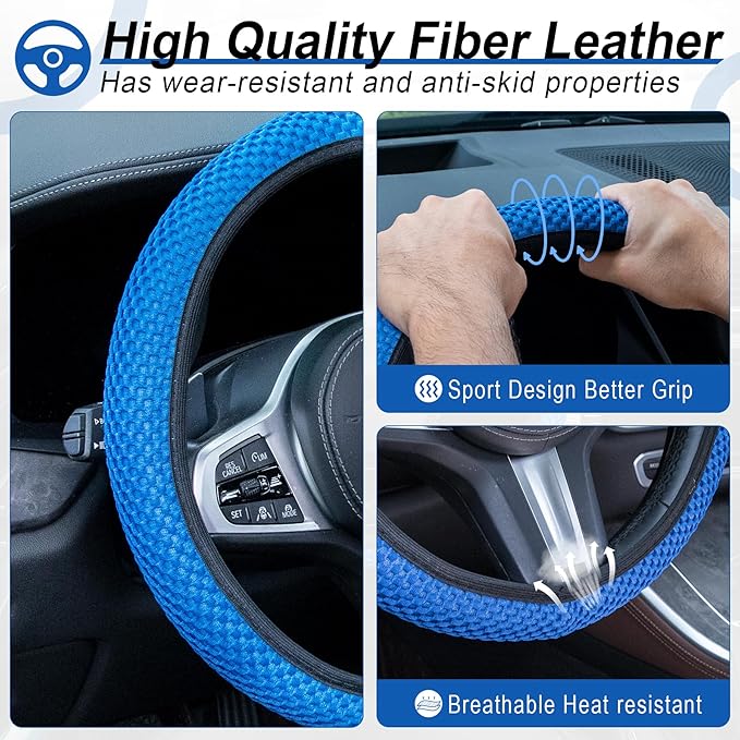 Alpmosn Elastic Stretch Steering Wheel Cover, Universal Interior Accessories Steering Wheel Cover for Women & Men, Breathable Microfiber Ice Silk, Anti-Slip, Odorless, Easy Carry(Blue)