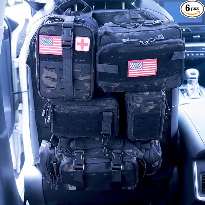 Universal Tactical Car Seat Back Organizer Bag Tactical Molle Vehicle Organizers Panel Vehicle Protector Organizers with 5 Detachable Pouches for Car Truck Ford Jeep (Upgraded D model Black camo)