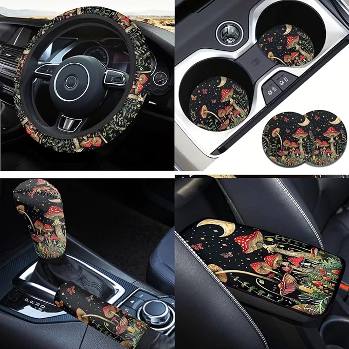 Mushroom Car Accessories 6 PCS Sets for Men Women Car Steering Wheel Cover Armest Cushion Auto Interior Decor for SUV Truck Sedan