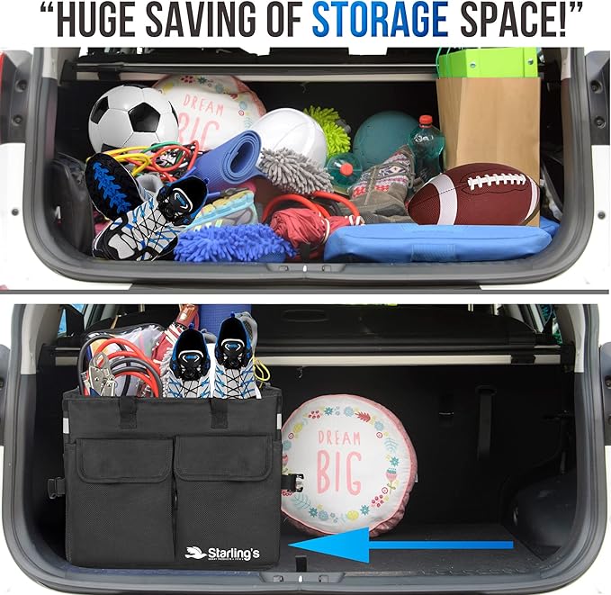 Starling's Car Trunk Organizer Super Strong, Foldable Storage Cargo Box for SUV, Auto, Truck Nonslip Waterproof Bottom, Fits any Vehicle, Come w Adjustable TieDown Straps W LID (Black, 2