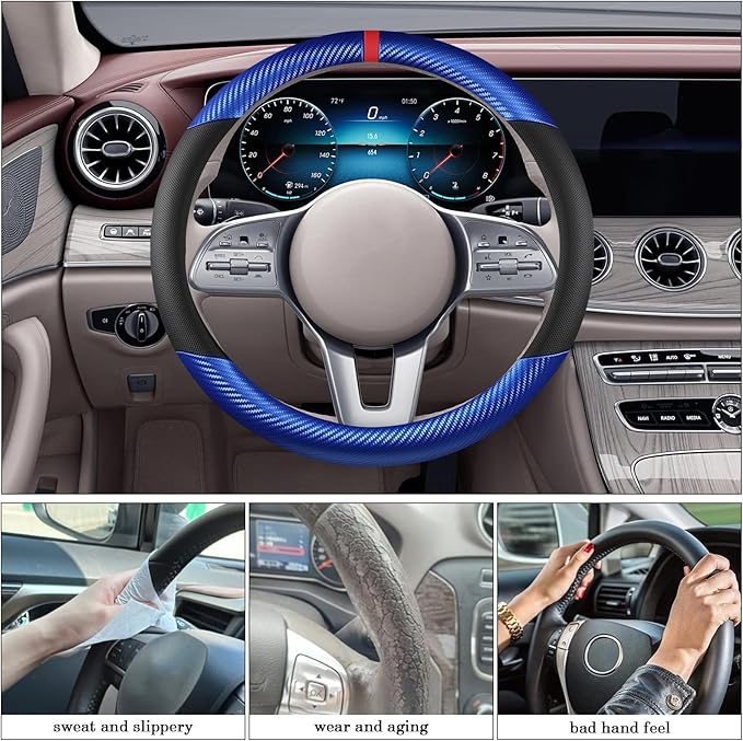 Black & Blue Carbon Fiber Leather Steering Wheel Cover, Microfiber Leather, Anti-Slip, Breathable, Universal Fit for 14.5–15 in Steering Wheel Cover for Men Women