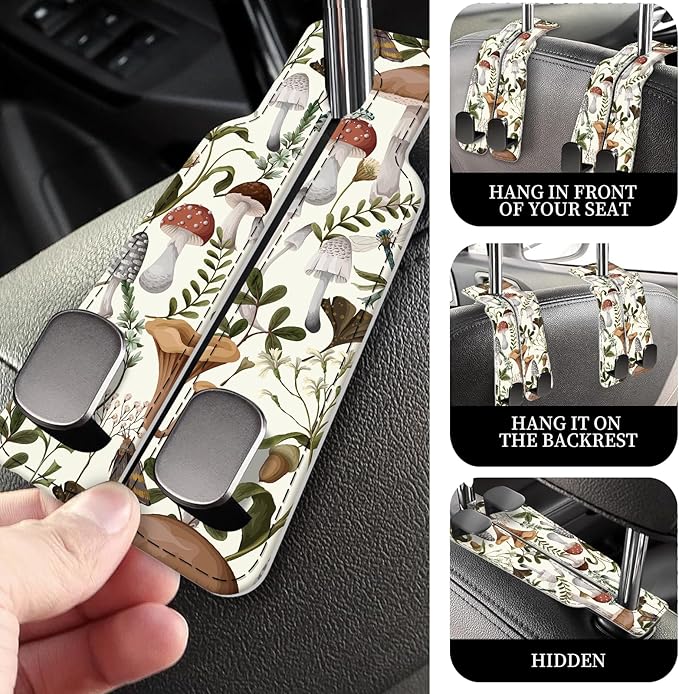AXRQLSU PU Leather Car Seat Hook, Storage Headrest Hanger, Cute Car Backseat Organizer, Car Hooks for Purses and Bags Mushroom Forest Pattern