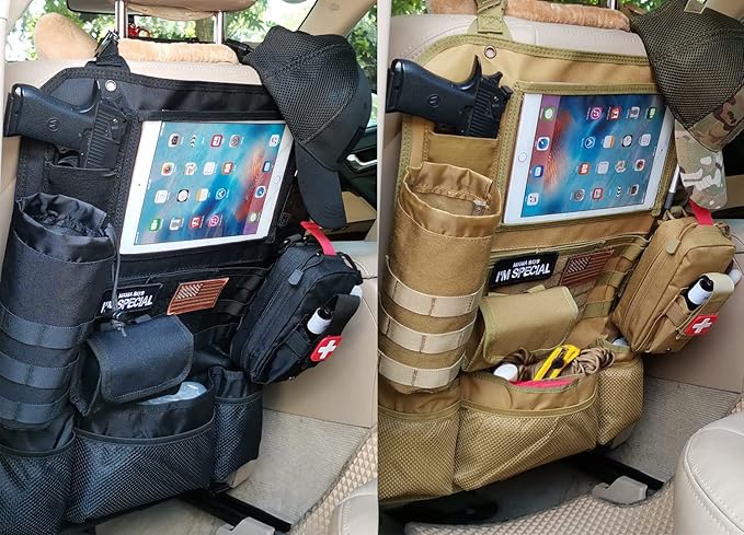 Upgrade Tactical MOLLE Car Back Seat Organizer With 14 Multi-Pockets and 4 Detachable Pouches: Trucker hat, Trauma Medical & Water Bottle Pouch, EDC Pouch, Vehicle Protector Organizer