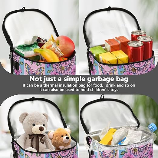 MNSRUU Car Trash Can with Lid, Flowers Butterflies Spring Car Trash Bag Hanging Organizers and Storage for Front Back Seat, Leak-Proof Trash Bin
