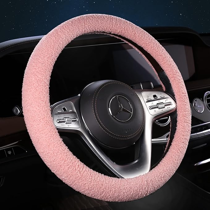Furry Winter Car Steering Wheel Cover for Women, Soft Fleece Short Plush Warm Universal Auto Accessories for Vehicle, Sedan, Fuzzy, Anti Slip, Pink, Standard Size, 14.75-15.15in