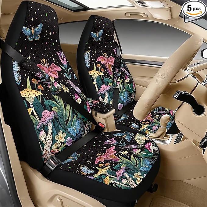 Psesaysky Anti-Scratch Leather Car Interior Set: Mushroom Butterfly Floral 2 Front Seat Covers + 2 Seat Belt Protectors + 1 Armrest Pad Compatible with Most Vehicles