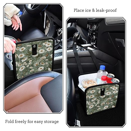 Car Trash Can Organizer Bin with Adjustable Strap for Back Front Seat Console Waterproof Leakproof Collapsible Portable 11 Inch Summer Daisy Butterfly Green