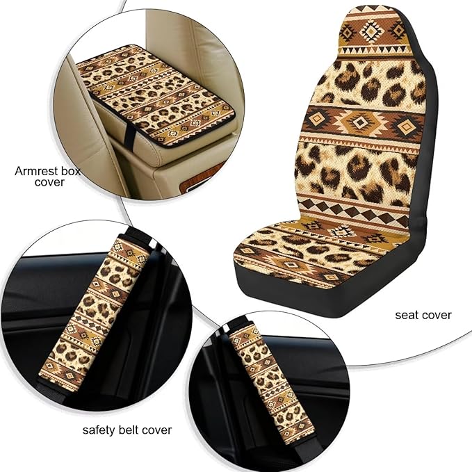 Qeluxign Auto Seat Covers with Car Center Console Cover,Tribal Leopard Print Belt Cover PU Leather Breathable Full Set Bucket Seat Covers, Pack of 5, Universal Fit for Sedan,SUV