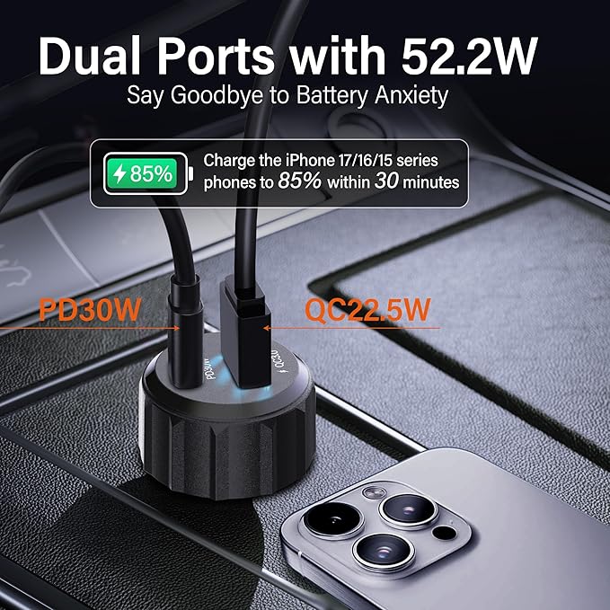 2-Pack 52.5W USB C Car Charger Fast Charge with 1 Charging Cables, Dual Port Car Phone Charger for iPhone 17/16/15 Pro Max, Cigarette Lighter USB Charger, USB Car Charger Adapter, Car Accessories.
