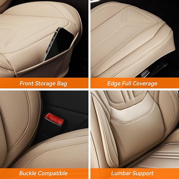 SCDOOCA Car Seat Covers Front Seats, Premium Leather Car Seat Covers, Waterproof and Breathable Seat Covers, Universal Car Seat Protector Fit for Cars, Trucks, SUVs, Pick-ups(Beige, 2 PCS Front Seat)