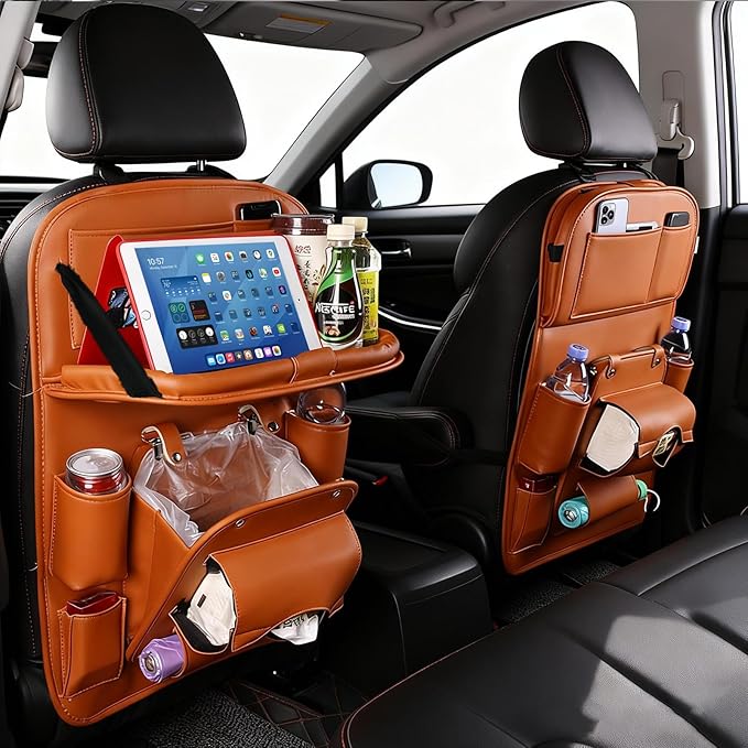 Car Seat Organizer, Multifunctional Backseat Protector Mat, Storage Bag and Tray Rack, Trash Storage (Suitable for Cars, Children, Back of Seats, and Rear Seats) (Brown, Leather 1-Piece Set)