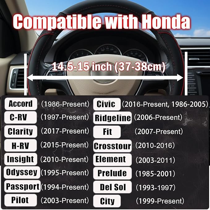 ANMOSVO Steering Wheel Cover for Honda Civic Accord CRV HR-V Pilot Passport Odyssey - Microfiber Leather & Anti-Slip Safety Design 14.5-15 Inch Custom Fit (Red-Standard Size)