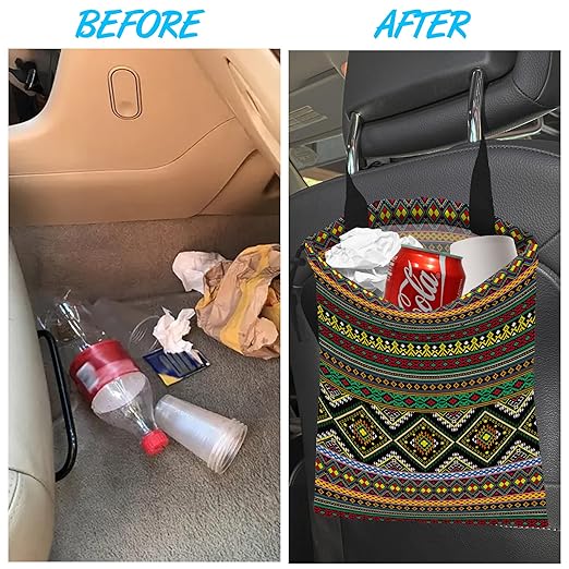 ghatobty Car Trash Bag Hanging Green Ethnic Style Car Trash Can Waterproof Garbage Bag Hanging for Car Back Seat