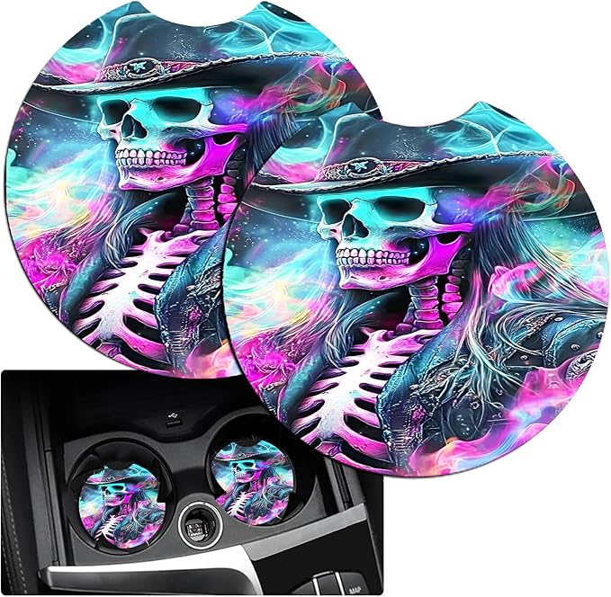 JANENFNA Car Armrest Cover Pads Universal Fashion Cute Auto Center Console Armrest Cover Pad with 2PCS Car Coasters Soft Waterproof Car Armrest Seat Protector for Women,Neon Skull Cowboy