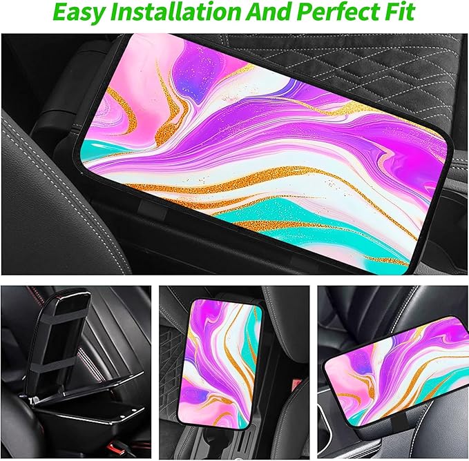 JANENFNA Car Armrest Cover Pads Universal Fashion Cute Auto Center Console Armrest Cover Pad with 2PCS Car Coasters Soft Waterproof Car Armrest Seat Protector for Women,Pink Pattern Marble