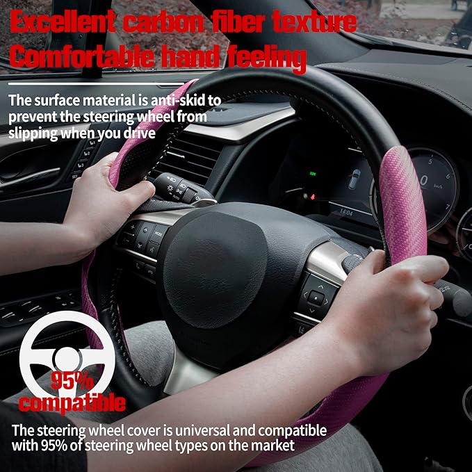 Amiss Carbon Fiber Anti-Skid Steering Wheel Cover, Universal 99% Car Wheel Cover Protector, Pink