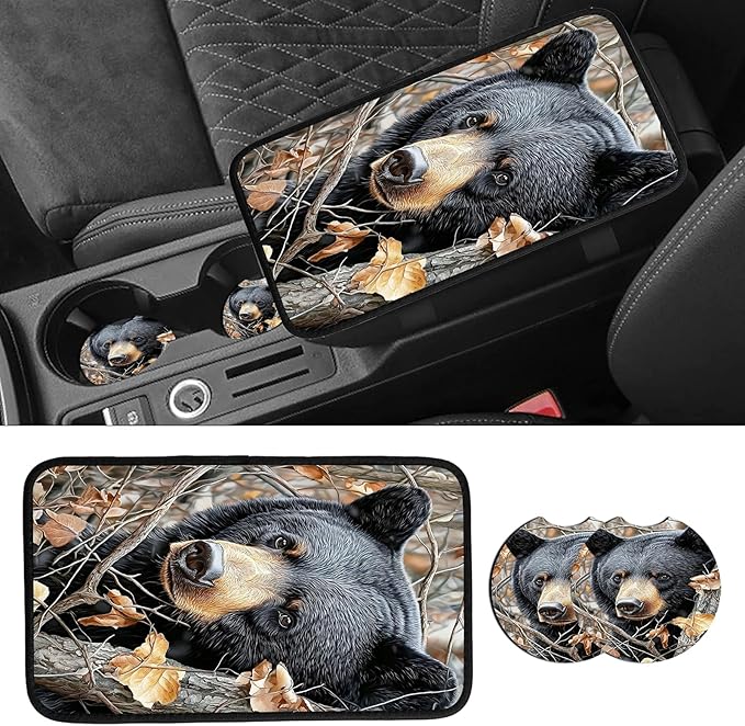 JANENFNA Car Armrest Cover Pads Universal Fashion Cute Auto Center Console Armrest Cover Pad with 2PCS Car Coasters Soft Waterproof Car Armrest Seat Protector for Women,Cute Black Bear