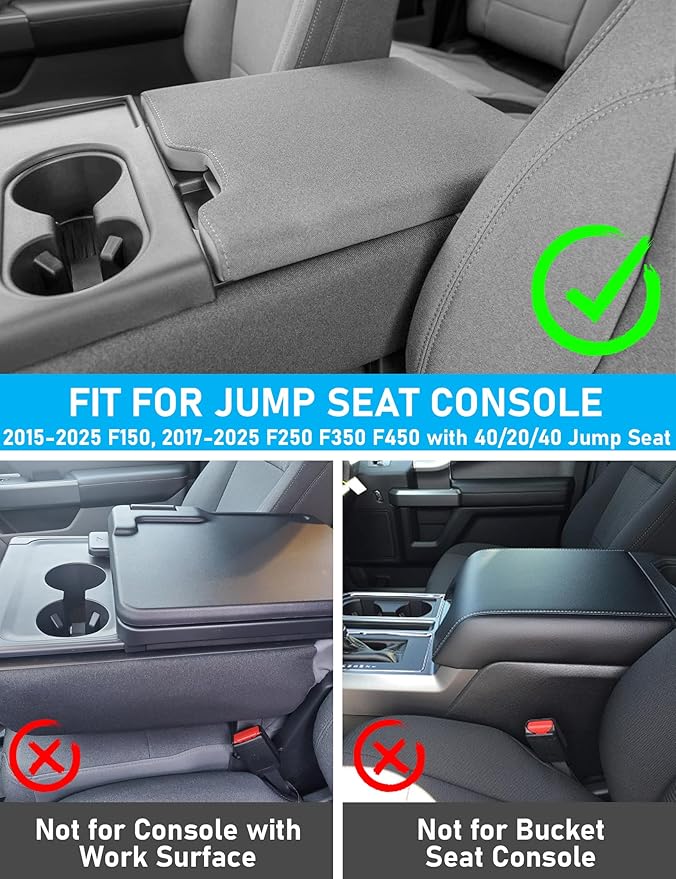 Center Console Armrest Cover for 2015-2025 Ford F150 F250 F350 F450 F550 with 40/20/40 Jump Seat, PU Leather Middle Console Cover Seat Box Lid Protective Cover Cushion Pad, Truck Accessories