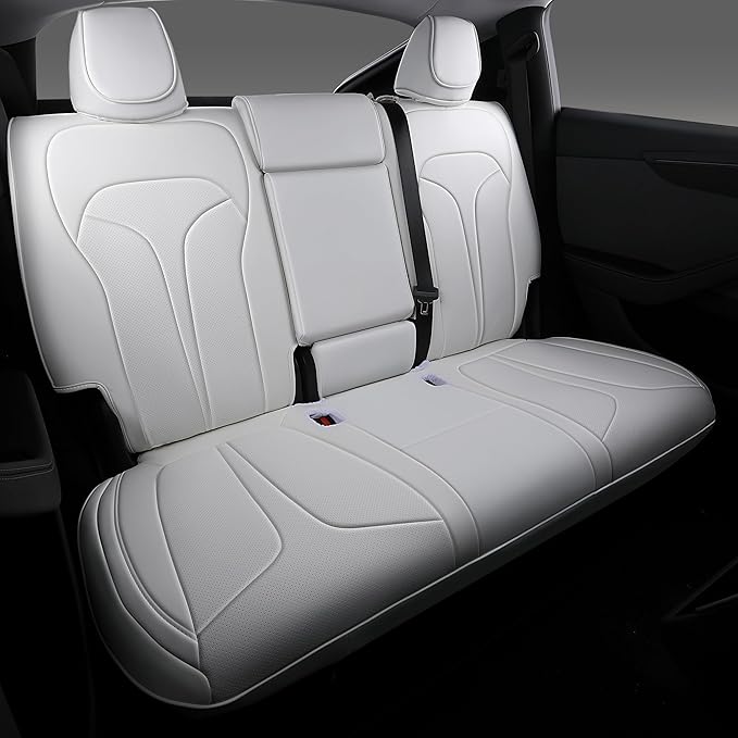 OURPLOT Custom Fit Seat Covers for 2025 2026 Tesla Model Y Juniper (5-Seater), Waterproof Breathable Nappa Leather, OEM Factory Style Full Set Car Seat Protectors Airbag Compatible - White