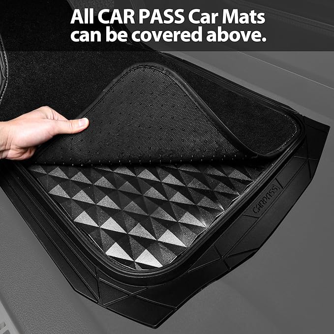 CAR PASS 3 Row Heavy Duty Rubber Car Mats, Deep-Dish All-Weather for 7 Seats 8 Seater 2nd & 3rd Floor Mats Waterproof Universal Trim Fit Liner Van,SUV,7 Passengers Vehicle,Automotive 3D Rhombus Black