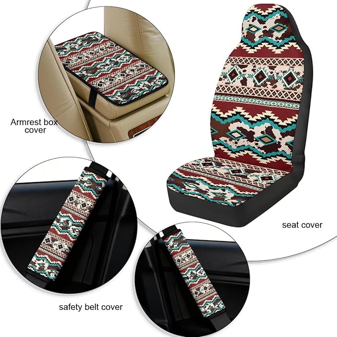 Qeluxign 5 Piece Car Seat Covers Full Set, Tribal Cow Print Front Seats Cover/Auto Seatbelt Shoulder Pads/Vehicle Center Console Armrest Cover, Universal Car Accessories Men Women Gifts