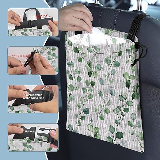 Watercolor Leaves Car Trash Bag,Hanging Drawstring Car Garbage Bag,Canvas Car Back Seat Organizer with Adjustable Buckle for Men and Women