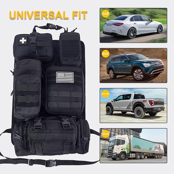 Universal Tactical Car Seat Back Organizer Bag Tactical Molle Vehicle Organizers Panel Gear Accessories with 5 Different Size Molle Pouches for Car Truck Ford Jeep Vehicle (C style-Black)