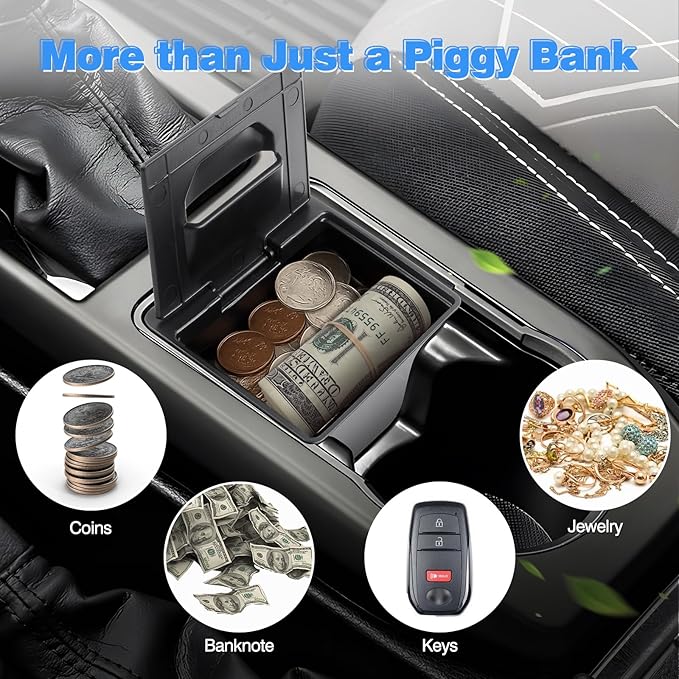 Karltys Center Console Coin Box Organizer with Coin Slot, ABS Material Car Coin Holder for Toyota Tacoma 2016-2023 Interior Accessories, Piggy Bank Gear Shift Organizer